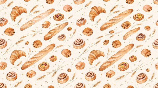 Seamless pattern with watercolor bread, croissants, danish pastries and wheat ears on a light beige background