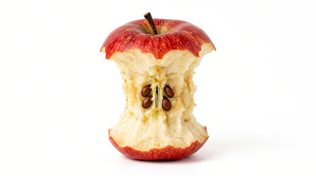 Photorealistic partially eaten red apple core with exposed pale flesh, visible brown seeds, remaining red peel and realistic bite marks, natural irregular shape, centered isolated food object