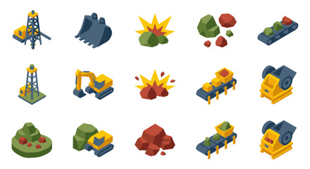 Obraz premium Colorful Isometric Construction and Mining Equipment Set.