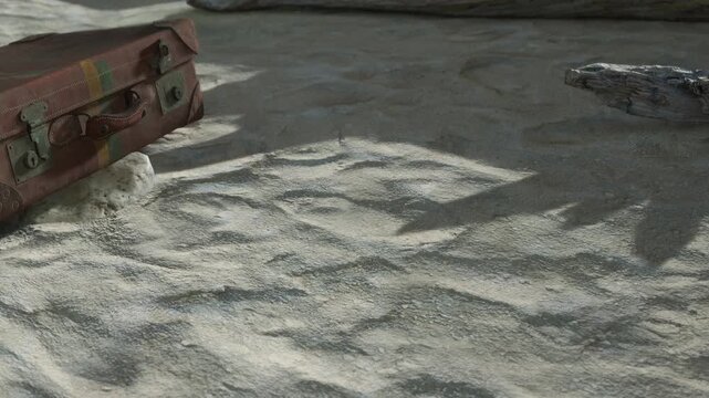 A worn suitcase rests on sand, with soft patterns made by sunlight. Nearby, a piece of driftwood adds to the beach scene. The setting is bright and showcases nature.