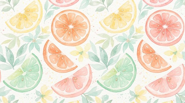 Watercolor citrus fruit seamless pattern with oranges, lemons, limes, and grapefruit slices with green leaves and yellow flowers on white background