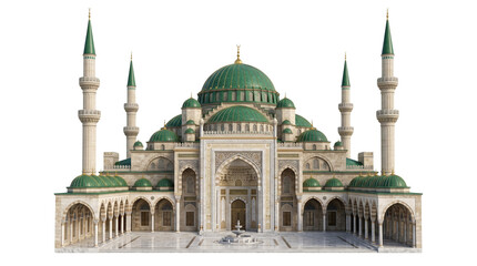 Majestic islamic mosque featuring emerald green domes and intricate marble architecture isolated on white background surface © Muhammad