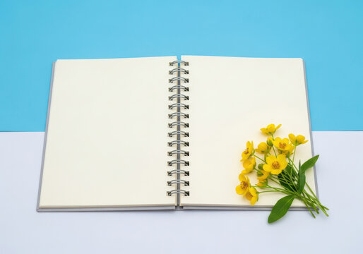 Open spiral notebook with yellow flowers on a blue and white surface
