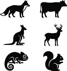 Obraz premium Wildlife animal silhouette collection featuring fox, cow, kangaroo, deer, chameleon, and squirrel icons for nature, zoology, and educational vector illustration design