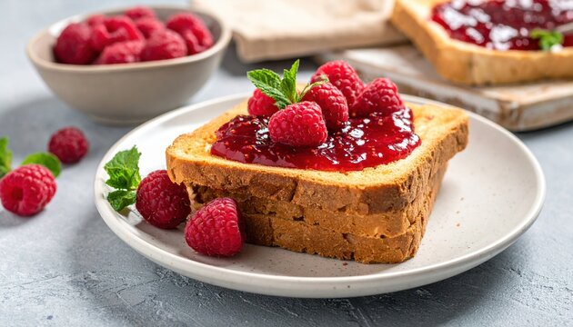 Toast with raspberry jam and fresh berries on ceramic plate, breakfast concept