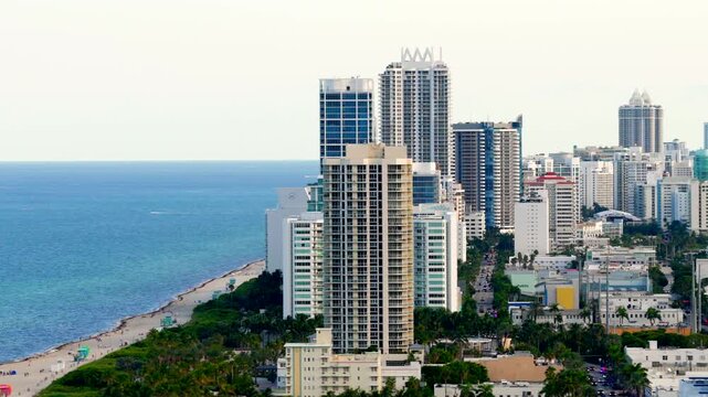 Aerial video North Beach Miami resort towers on the beach