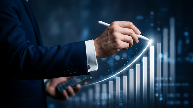 Businessman Drawing Upward Financial Growth Chart Arrow With Stylus Pen