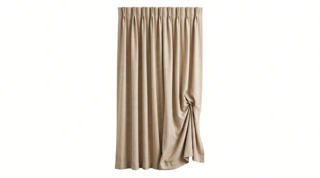 Highly realistic single beige curtain panel hanging in soft vertical folds, slightly gathered at one side, fine fabric fibers and warm neutral tone, centered isolated textile composition