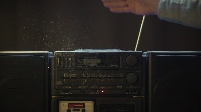 Boombox vintage CD player close up macro retro stereo cassette radio music audio device detail