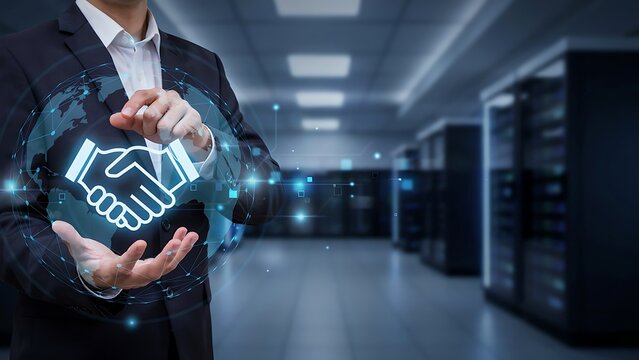 Businessman in a server room holding a digital handshake interface representing global business partnership and secure data exchange