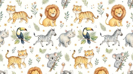 Fototapeta premium Seamless pattern with cute watercolor safari animals like lions tigers zebras rhinos and koalas in the jungle