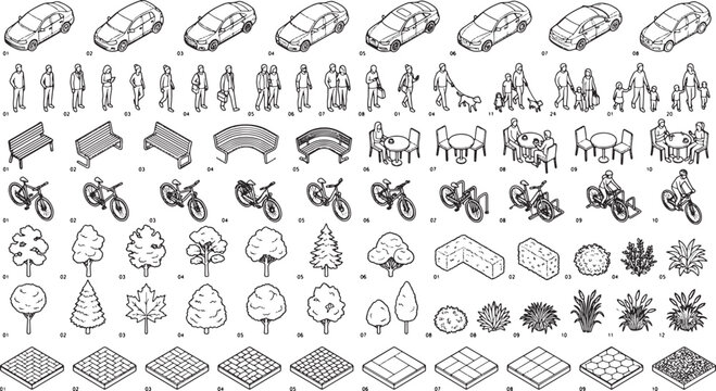 Isometric urban planning set with cars people trees and street furniture in a clean line art style