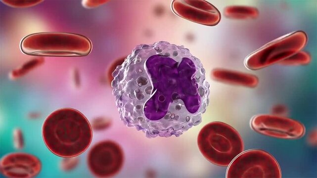 Monocyte, 3D animation of a large white blood cell with a folded nucleus circulating among red blood cells in blood.