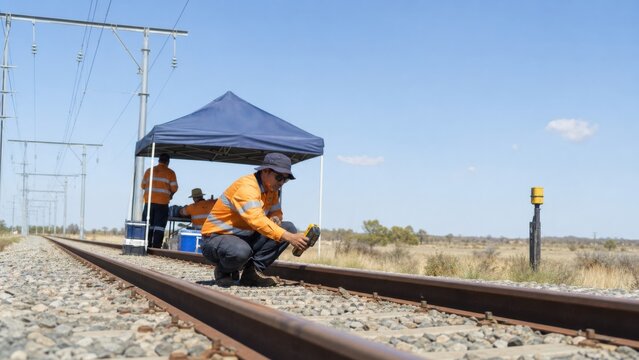 Rail maintenance crew checks track temperature with an infrared tool beside a portable shade tent