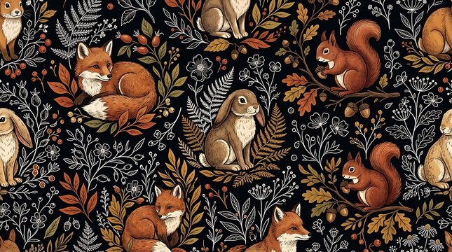 Seamless pattern with cute forest animals like fox squirrel and rabbit in a dark botanical woodland style design