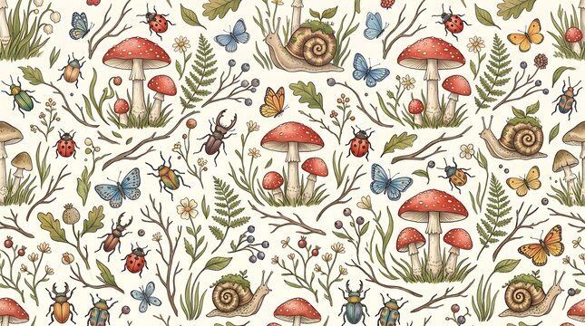 Seamless pattern with hand drawn mushrooms snails beetles and butterflies in a forest nature theme illustration