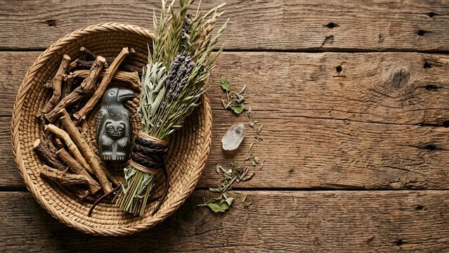 Mystical apothecary flat lay with dried herbs, roots, crystals, and a raven effigy on rustic wooden background