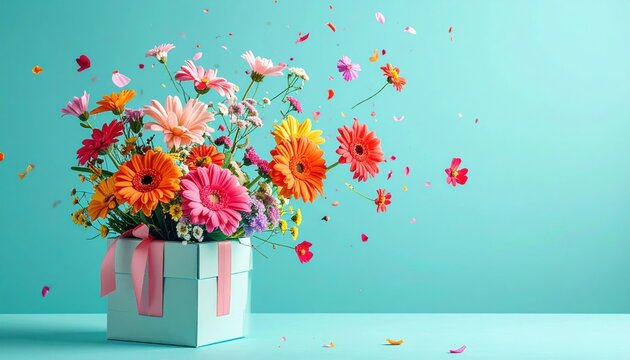 Colorful flowers flying into a gift box against pastel turquoise background