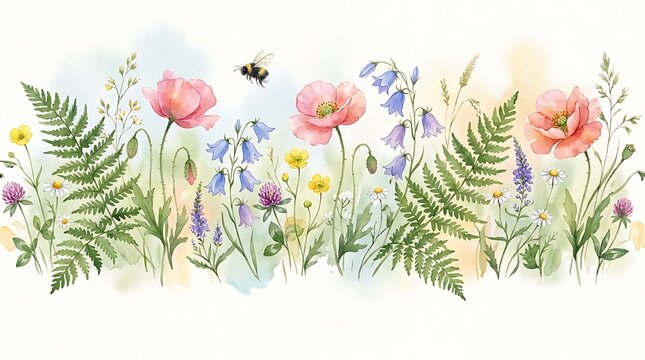 Watercolor floral border with wild poppies ferns and bluebells featuring a small buzzing bumblebee in spring meadow