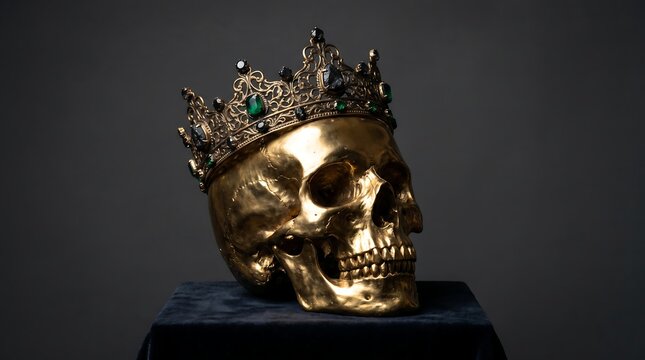 A striking golden human skull adorned with an ornate jeweled crown, resting on a dark velvet pedestal against a somber background, symbolizing mortality and power.