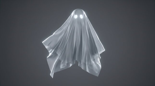 Ethereal white ghost figure with glowing eyes floating against a dark grey background, draped in a sheet, creating a mysterious and spooky atmosphere.