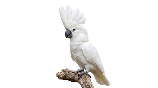 White umbrella cockatoo with crest raised on branch. Exotic parrot bird isolated on white background. Tropical wildlife portrait.