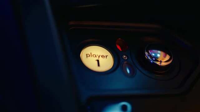 Arcade game control panel glows in dark blue light as illuminated Player 1 button, colored controls, and reflective joystick remain framed in a close-up angled view