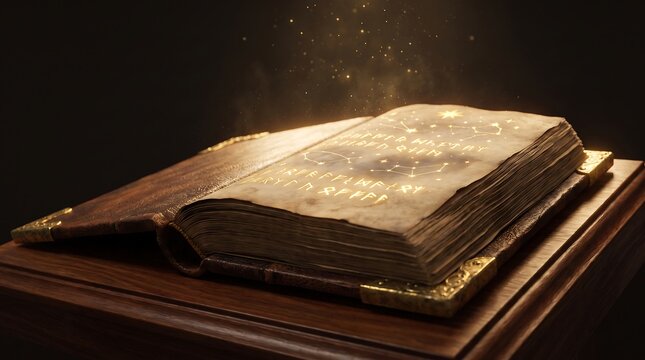 An ancient, open book with glowing pages and golden details, resting on a dark wooden surface, emanating magical dust.