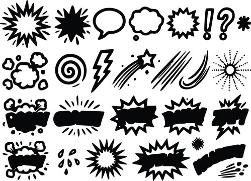 Comic book style vector illustration set containing various explosive speech bubbles action shapes sharp starbursts and creative graphic design elements
