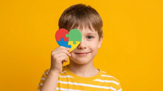 Little boy holding a colorful heart shaped puzzle piece in front of his eye