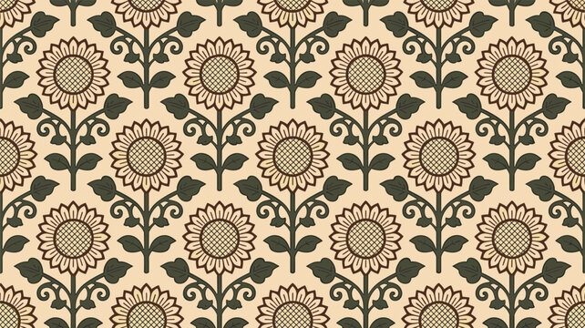Seamless pattern with stylized sunflowers on a cream background for decorative textile and wallpaper design