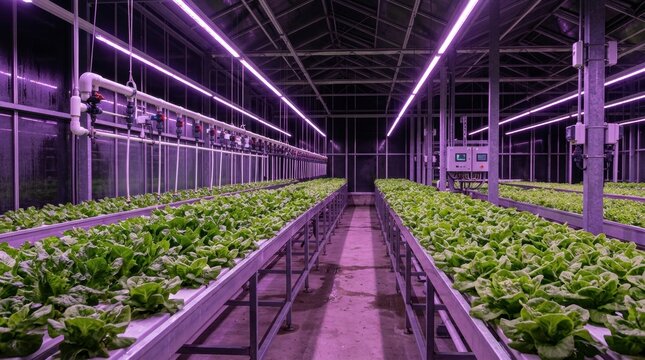 An indoor vertical farm featuring lush green lettuce under vibrant purple LED lights, showcasing innovative agricultural technology and sustainable farming practices.