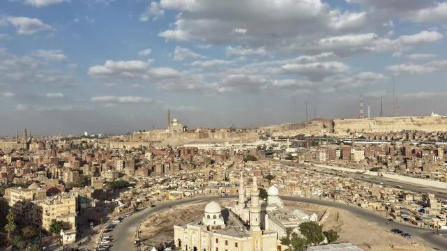 Cairo Egypt Citadel of Saladin Skyline Fast Motion Hyperlapse Forward Flyover DJI Drone Raw Not Color Grading Footage