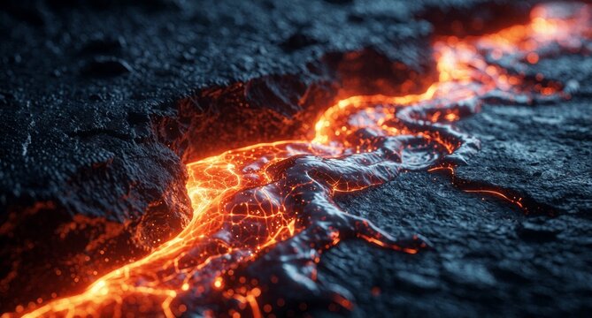 Glowing Molten Lava Flowing Over Dark Volcanic Rock Surface