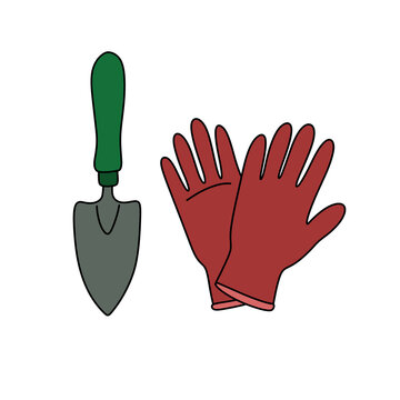 Gardening tools with protective gloves and small shovel icon