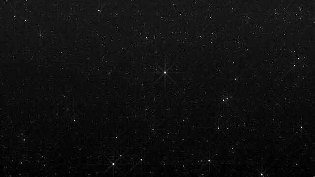 Glowing white star particles sparkling with vintage noise texture, magical astronomy space galaxy dust overlay animation, illuminated starlight motion asset on dark background. 4k video