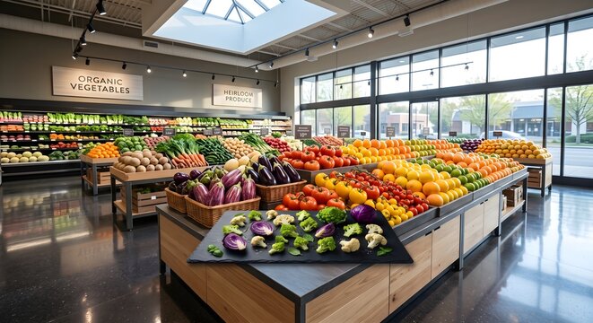 Wide Angle View of Modern Supermarket Fresh Produce and Vegetable Aisle