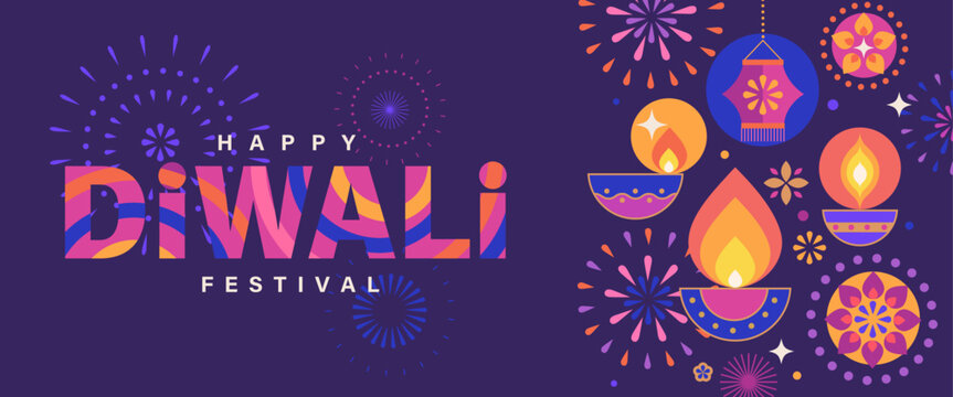 Happy Diwali horizontal poster, festival banner with bright fireworks, diya, lantern. Anniversary traditional event. Template design for web, social media, flyers, cover, print. Vector illustration.