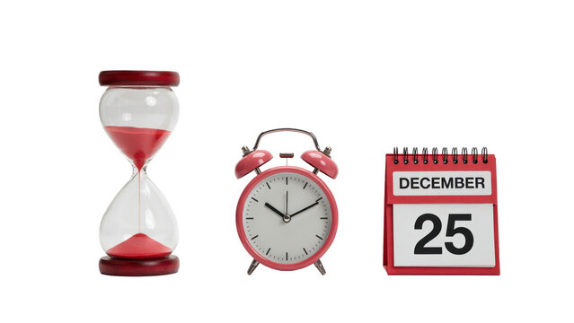 Red hourglass, pink alarm clock, and a december 25th calendar page arranged together on a white surface isolated on a transparent background