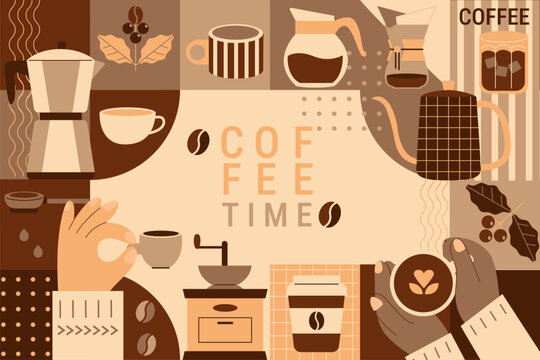 Coffee time geometric banner. Hands with hot drink, coffee beans, croissant and coffee to go. Template of latte, americano and ice coffee, other coffeetools. Design for web,web,print, poster. Vector