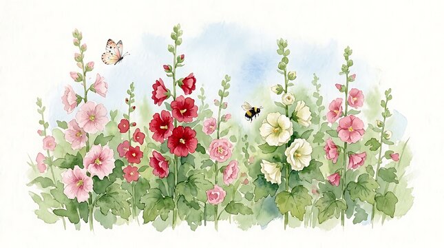 Beautiful watercolor illustration of colorful hollyhock flowers with a butterfly and a bumblebee in a garden border