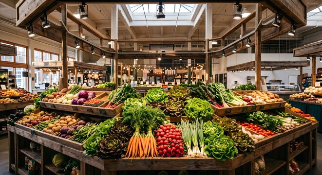 Large Rustic Wooden Island Display Packed with Fresh Produce in Market Hall