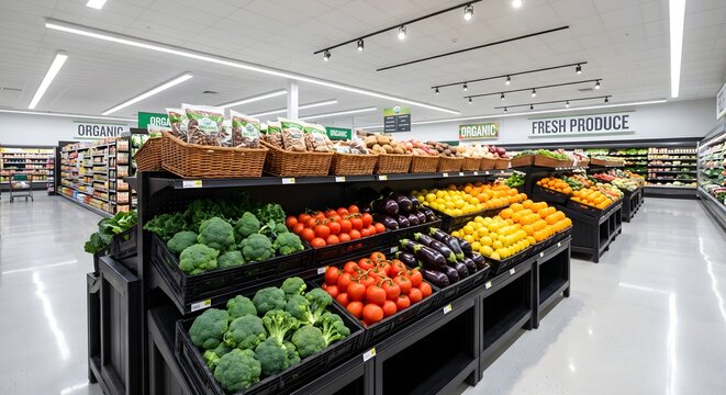 Modern Supermarket Interior View of Organized Produce Department Display Racks