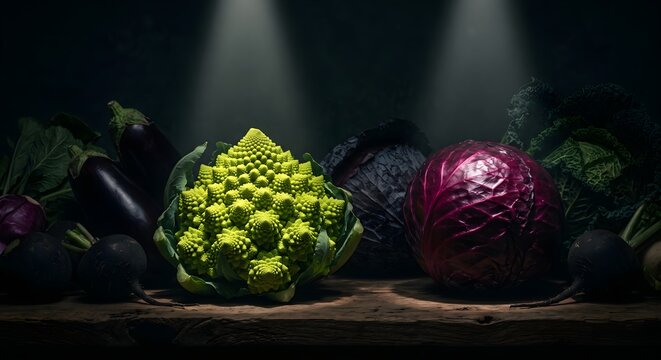 Moody Studio Spotlight Still Life of Romanesco Broccoli and Purple Cabbage