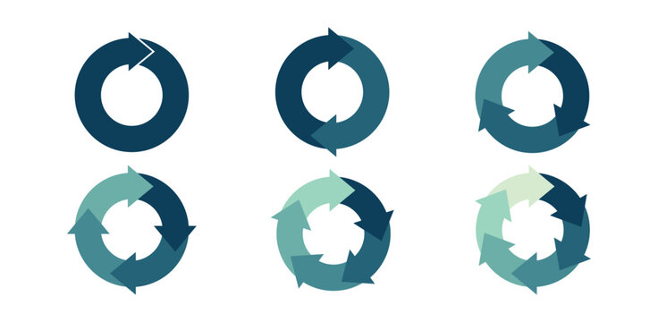Colorful circle arrow charts. Multicolor spinning arrows, repeat circle. Circular arrows with 1-6 steps, options. Process chart, cycle diagram for business presentation, report, brochure.
