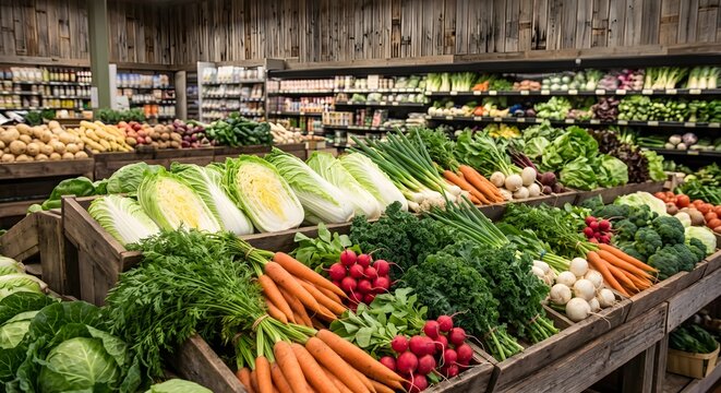 Indoor Farmers Market Display Stand Stacked with Wooden Crates of Produce