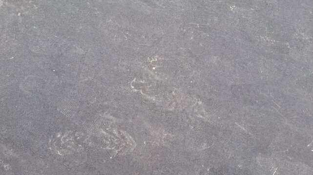 White dusty footprints from shoes are left outdoors on a dark fresh asphalt pavement surface, urban ground texture details, street construction background.