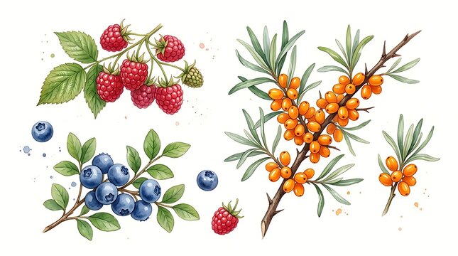 Watercolor collection of fresh raspberries blueberries and sea buckthorn berries on stems with green leaves
