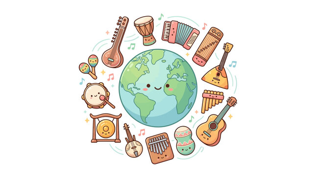 Cute Cartoon Earth Surrounded by Various Musical Instruments