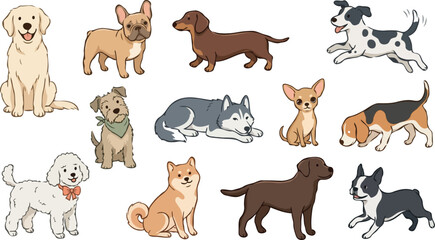 Obraz premium Collection of various cartoon dog breeds in different poses